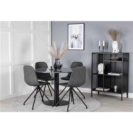 Estelle Round Dining Table ø106 H75 - Black / Black, Polar Dining Chair with Spin function - black Legs - Black PU - Black Stitc