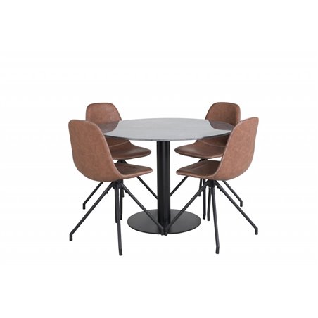 Estelle Rundt Spisebord ø106 H75 - Sort / Sort, Polar Spisestuestol med Spin funktion - sorte Ben - Brun PU - Hvid Stik
