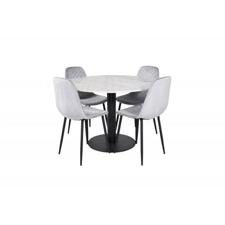 Estelle Round Dining Table ø106 H75 - White / Black, Polar Diamond Dining Chair - Black Legs - Grey Velvet_4