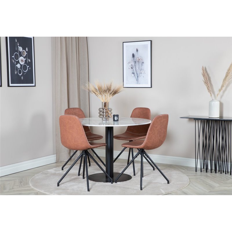 Estelle Round Dining Table ø106 H75 - White / Black, Polar Dining Chair with Spin function - black Legs - Brown PU - White Stitc