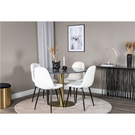 Estelle Round Dining Table ø106 H75 - Black / Brass, Polar Fluff Dining Chair - Black Legs - White Teddy _4