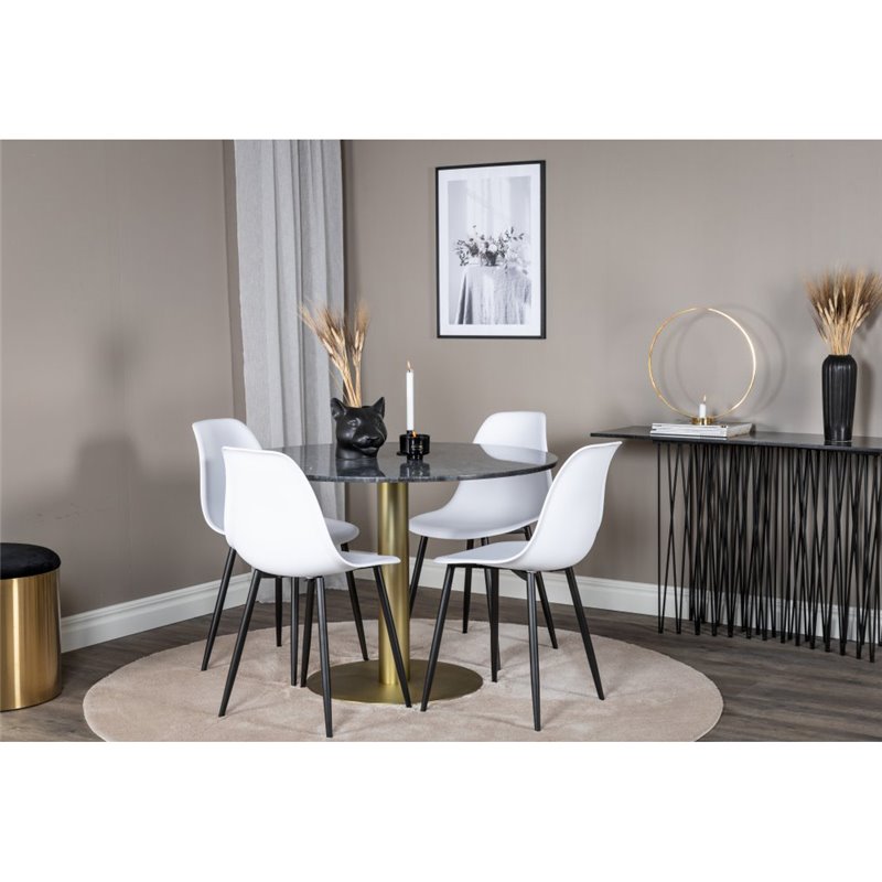 Estelle Round Dining Table ø106 H75 - Black / Brass, Polar Diamond Dining Chair - Black Legs - Grey Fabric_4