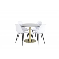 Estelle Round Dining Table ø106 H75 - Black / Brass, Polar Diamond Dining Chair - Black Legs - Grey Fabric_4