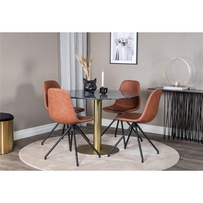 Estelle Round Dining Table ø106 H75 - Black / Brass, Polar Dining Chair with Spin function - black Legs - Brown PU - White Stitc