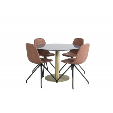 Estelle Round Dining Table ø106 H75 - Black / Brass, Polar Dining Chair with Spin function - black Legs - Brown PU - White Stitc