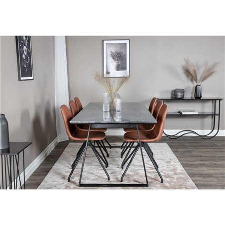 Estelle Dining Table 200*90*H76 - Black / Black, Polar Dining Chair with Spin function - black Legs - Brown PU - White Stitches_