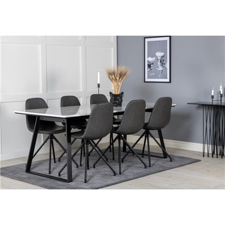 Estelle Dining Table 200*90*H76 - White / Black, Polar Dining Chair with Spin function - black Legs - Black PU - Black Stitches_