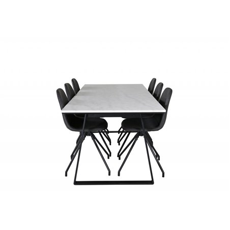 Estelle Dining Table 200*90*H76 - White / Black, Polar Dining Chair with Spin function - black Legs - Black PU - Black Stitches_