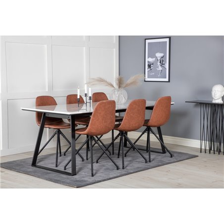 Estelle Dining Table 200*90*H76 - White / Black, Polar Dining Chair with Spin function - black Legs - Brown PU - White Stitches_