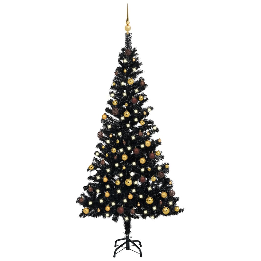  Plastgran med LED och julgranskulor svart 150 cm PVC