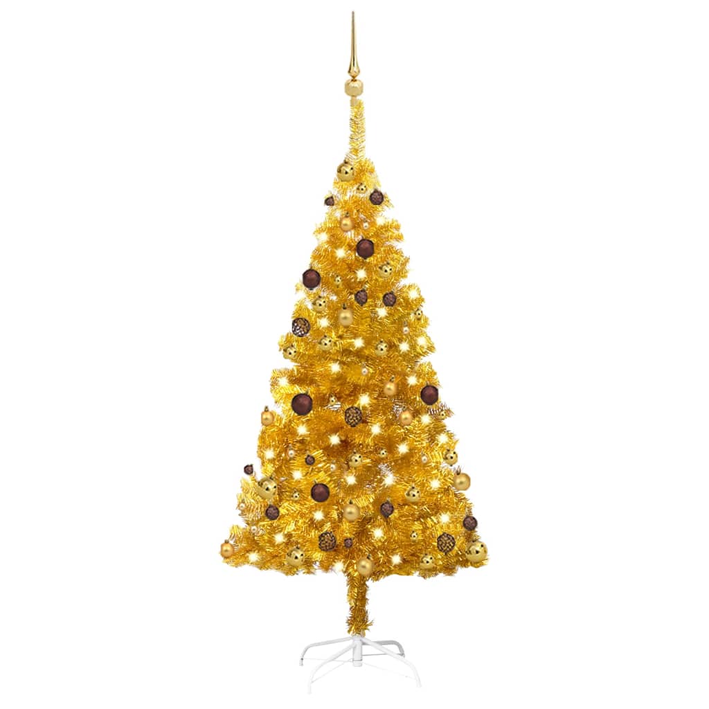  Plastgran med LED och julgranskulor guld 150 cm PET