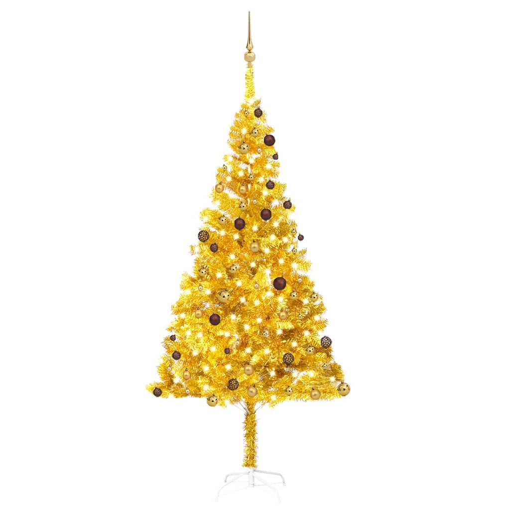  Plastgran med LED och julgranskulor guld 240 cm PET