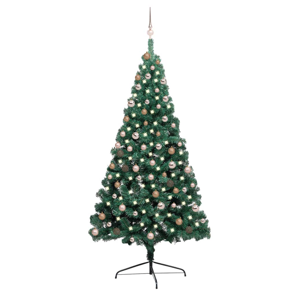  Halv plastgran med LED och julgranskulor grön 210 cm
