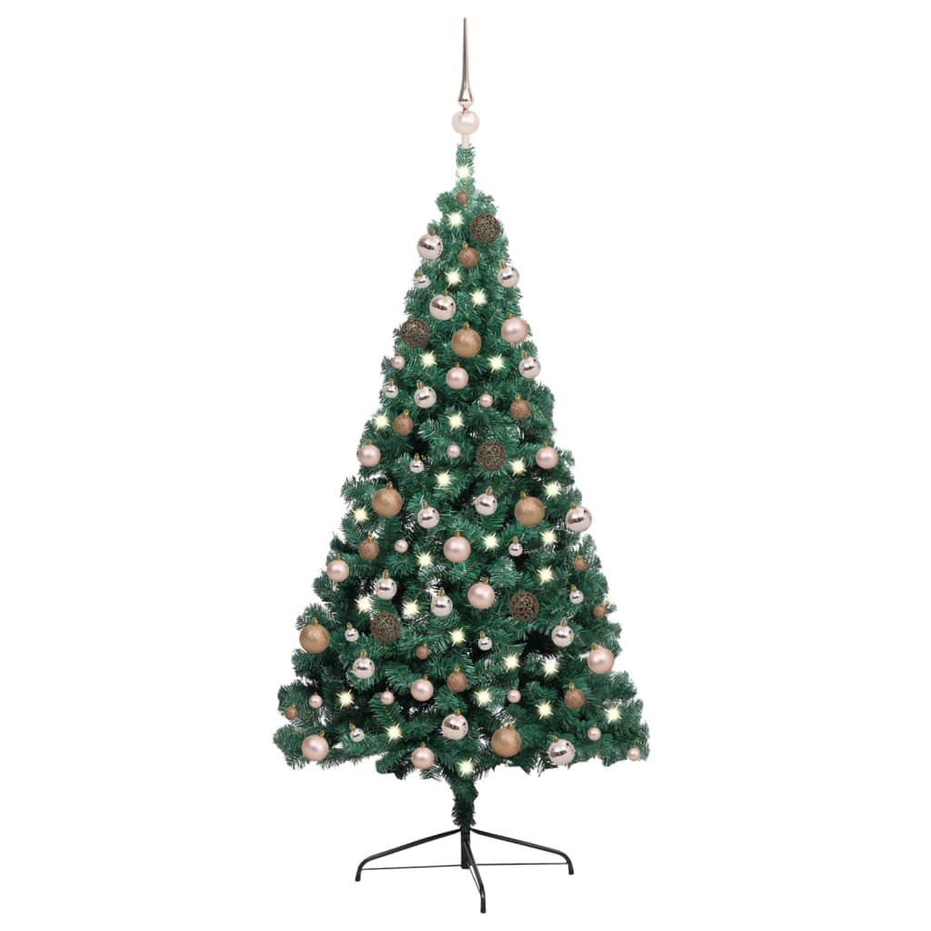  Halv plastgran med LED och julgranskulor grön 240 cm