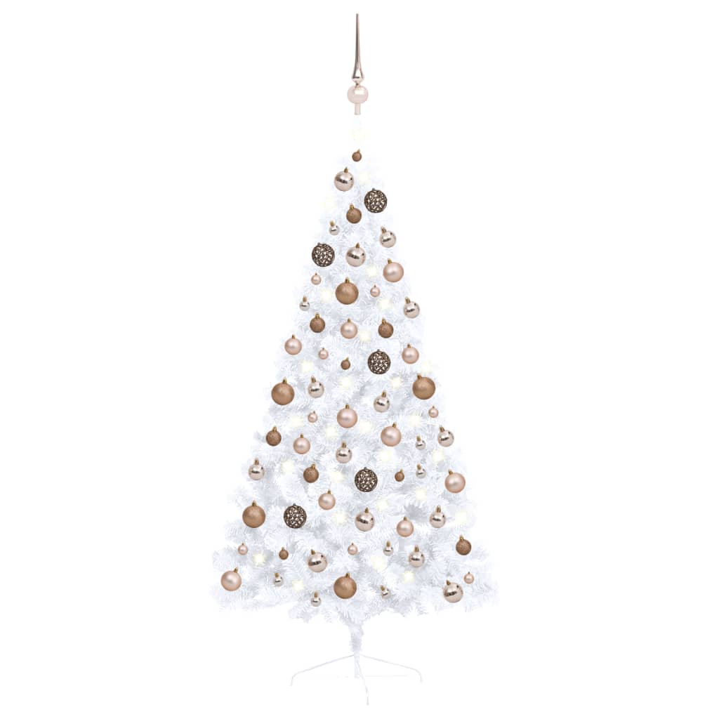  Halv plastgran med LED och julgranskulor vit 150 cm