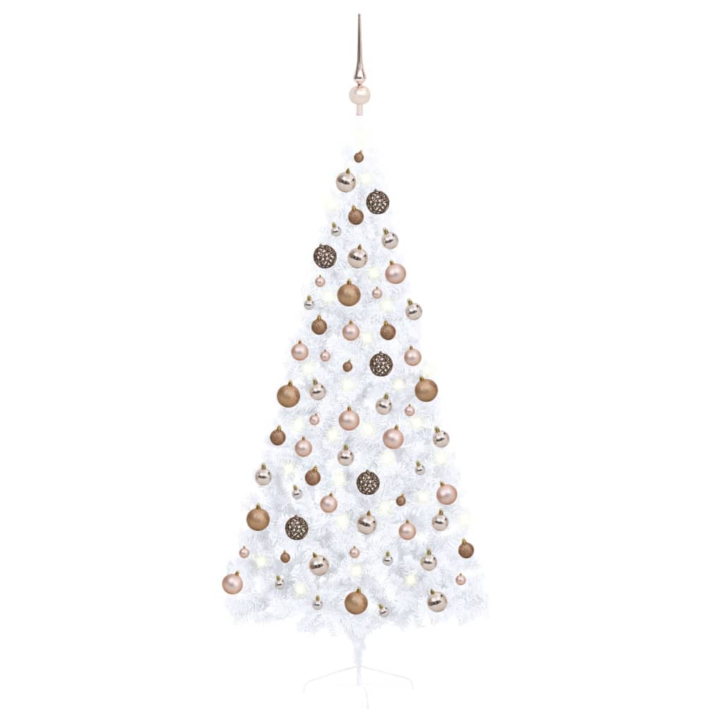  Halv plastgran med LED och julgranskulor vit 180 cm