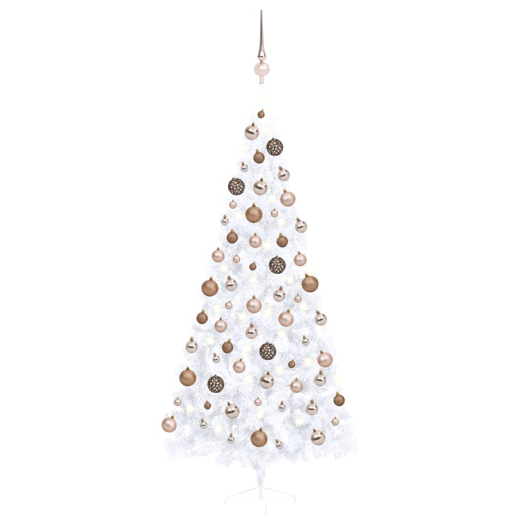 Halv plastgran med LED och julgranskulor vit 210 cm