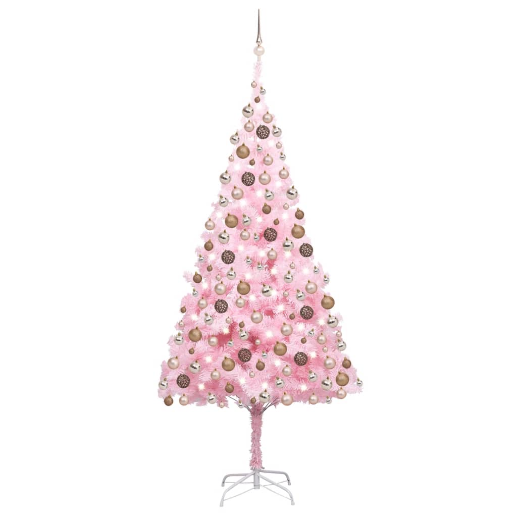  Plastgran med LED och julgranskulor rosa 210 cm PVC