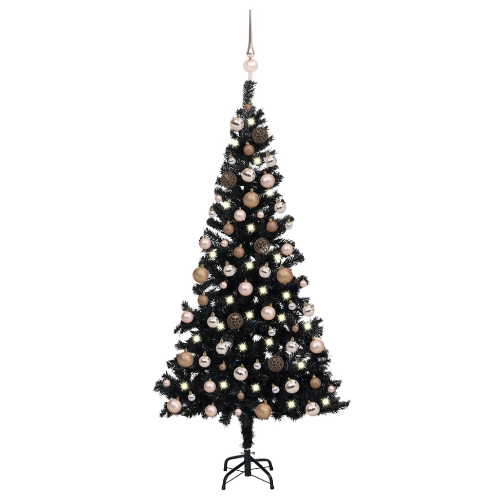  Plastgran med LED och julgranskulor svart 120 cm PVC