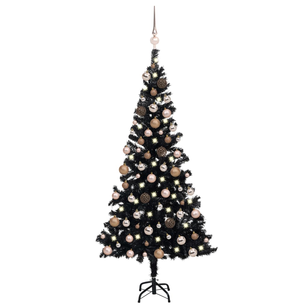  Plastgran med LED och julgranskulor svart 180 cm PVC