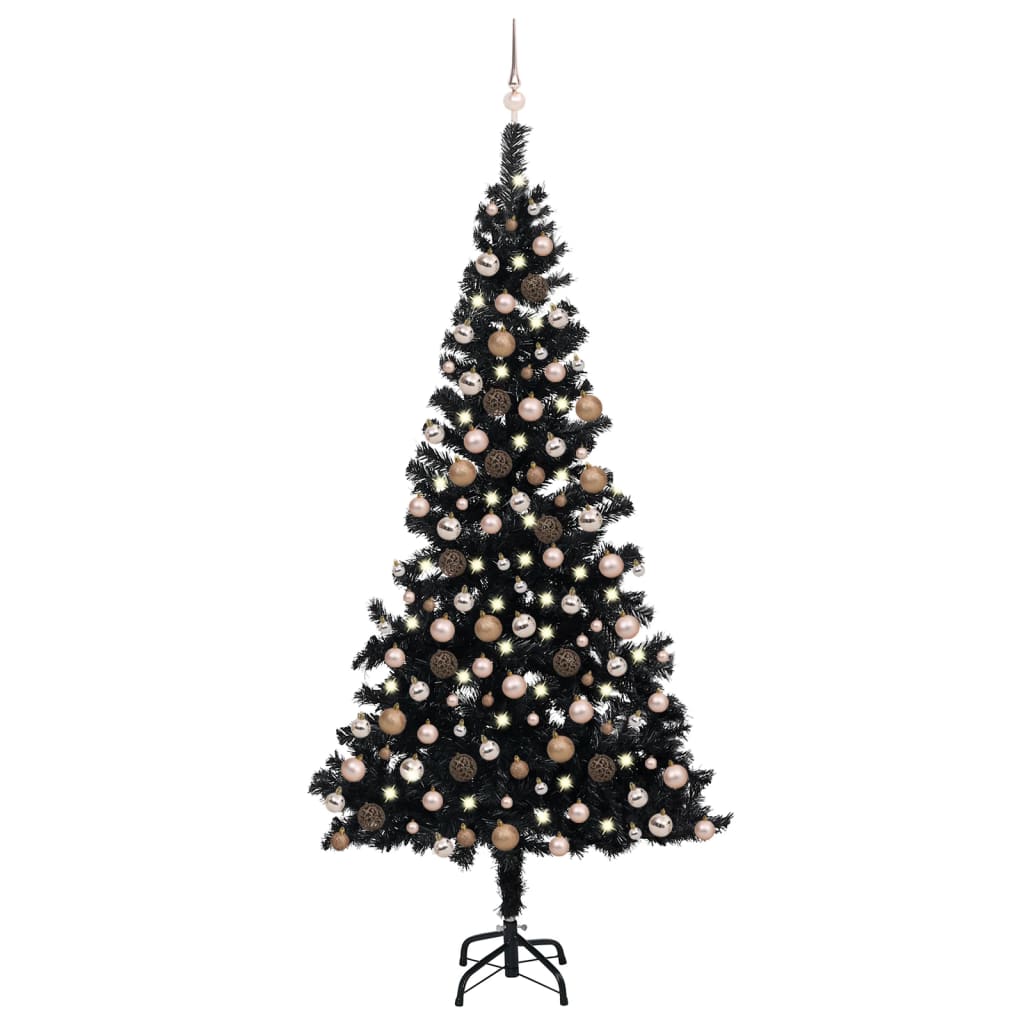  Plastgran med LED och julgranskulor svart 210 cm PVC