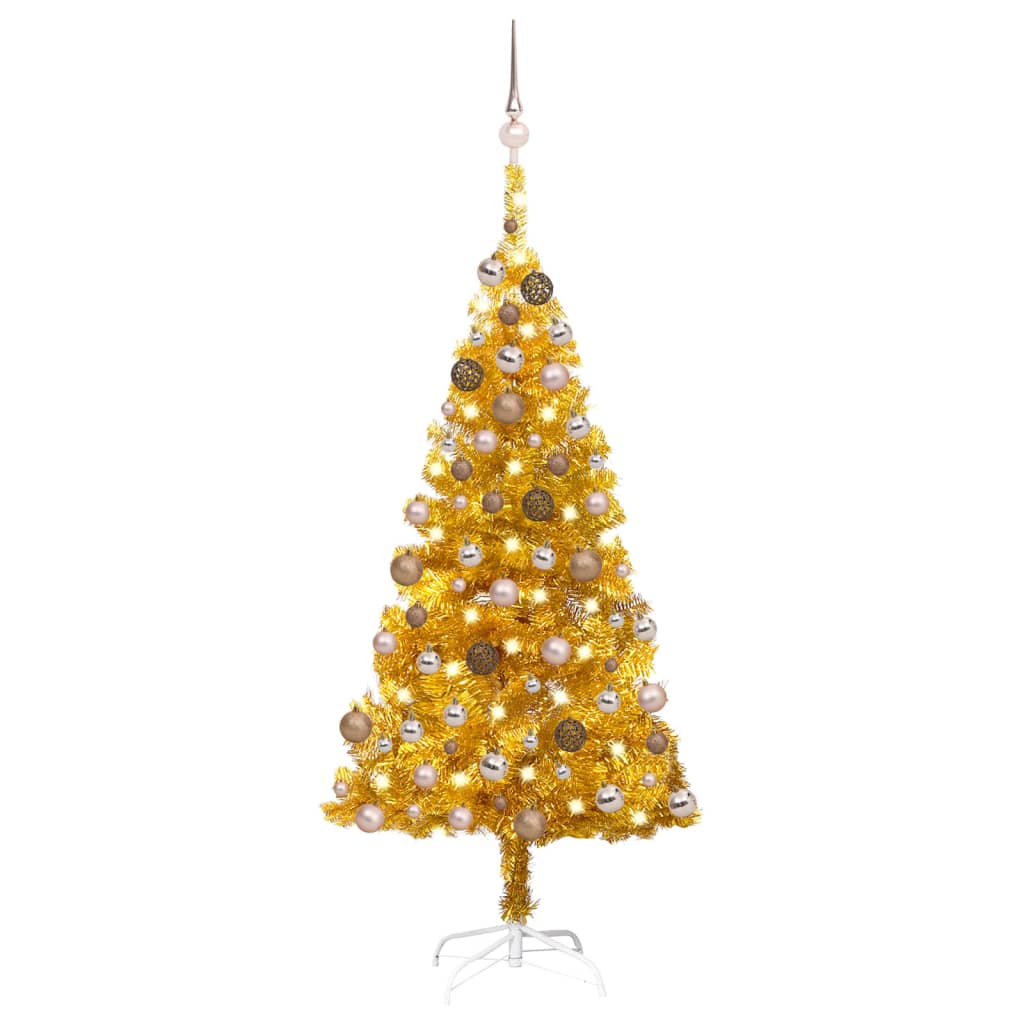  Plastgran med LED och julgranskulor guld 120 cm PET