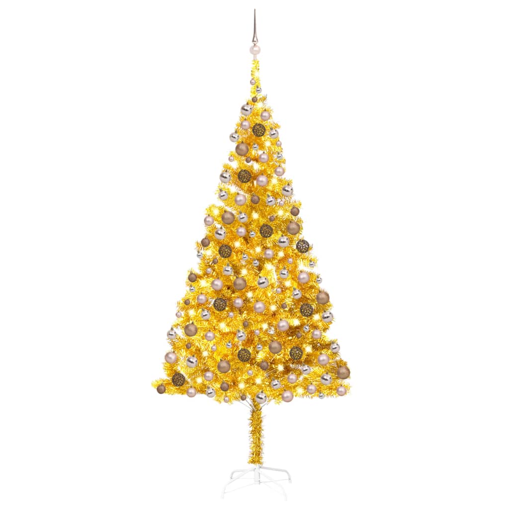  Plastgran med LED och julgranskulor guld 240 cm PET