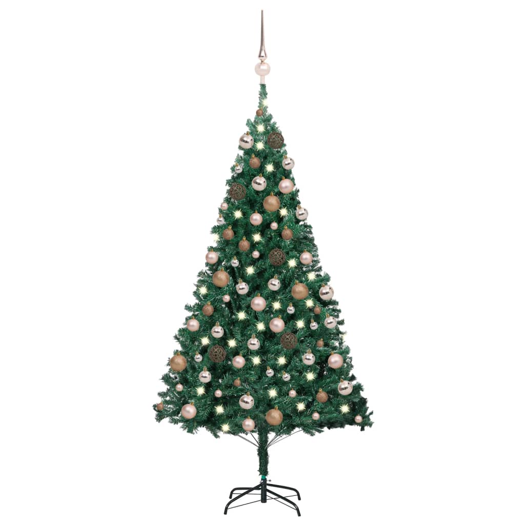  Plastgran med LED och julgranskulor grön 150 cm PVC