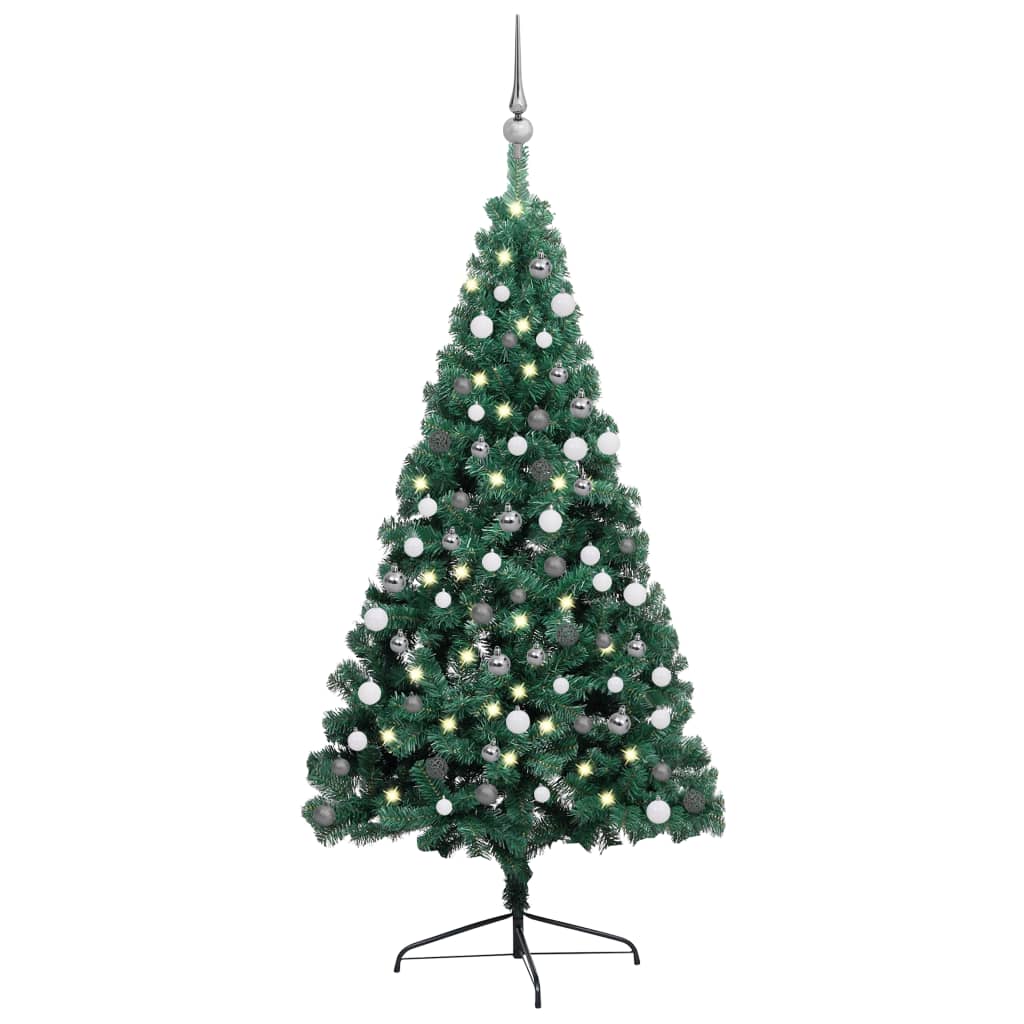  Halv plastgran med LED och julgranskulor grön 120 cm