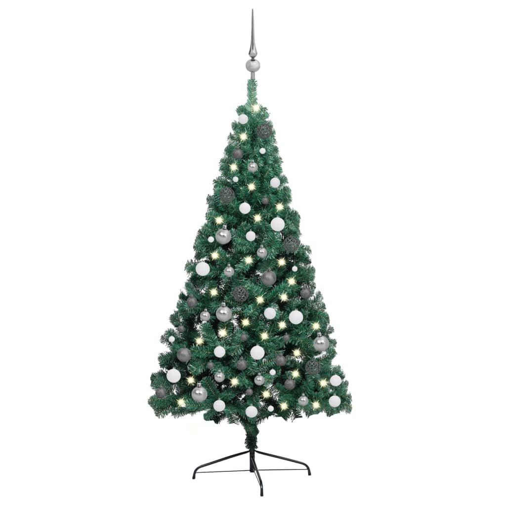  Halv plastgran med LED och julgranskulor grön 240 cm