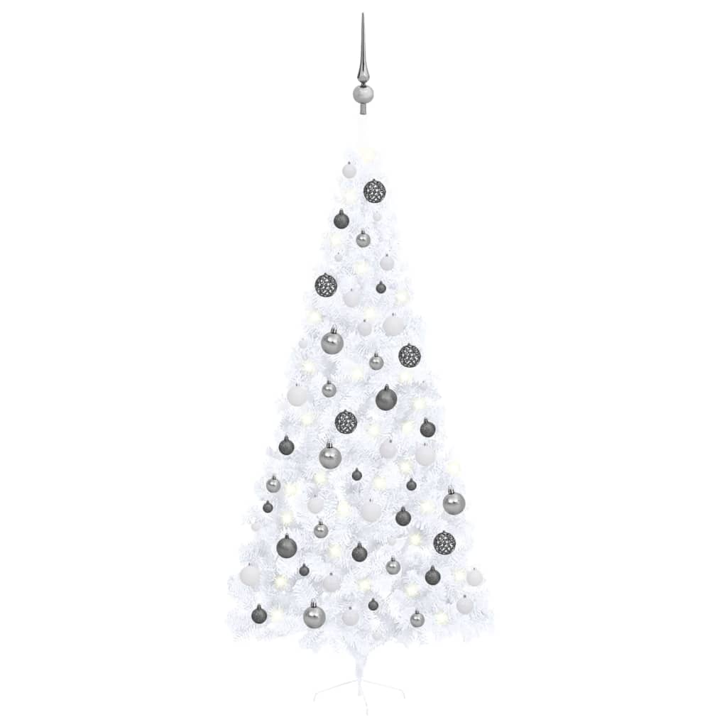  Halv plastgran med LED och julgranskulor vit 240 cm