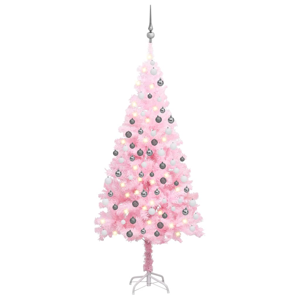 Plastgran med LED och julgranskulor rosa 150 cm PVC