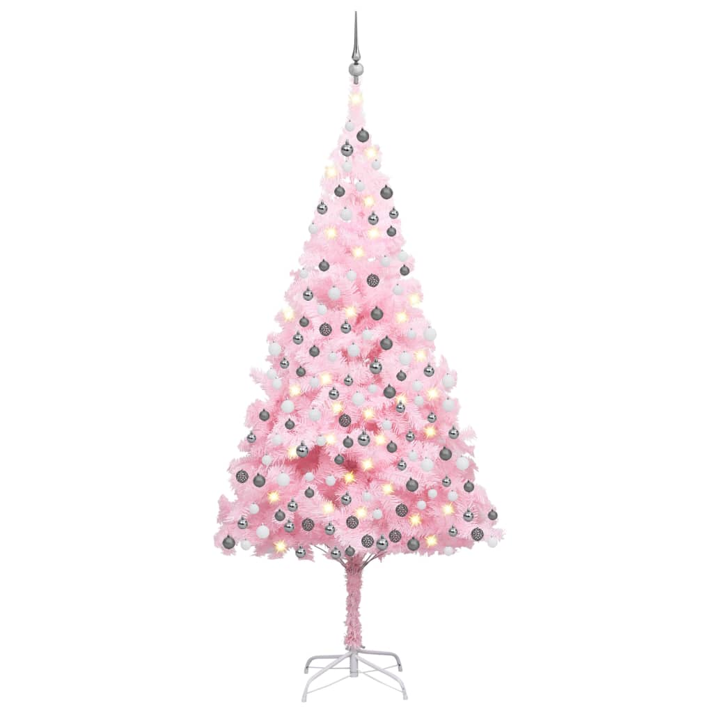  Plastgran med LED och julgranskulor rosa 240 cm PVC