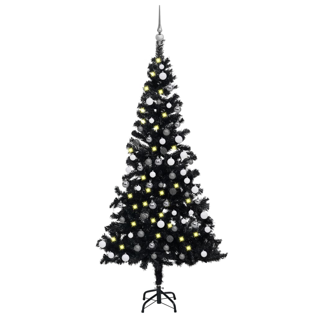  Plastgran med LED och julgranskulor svart 120 cm PVC