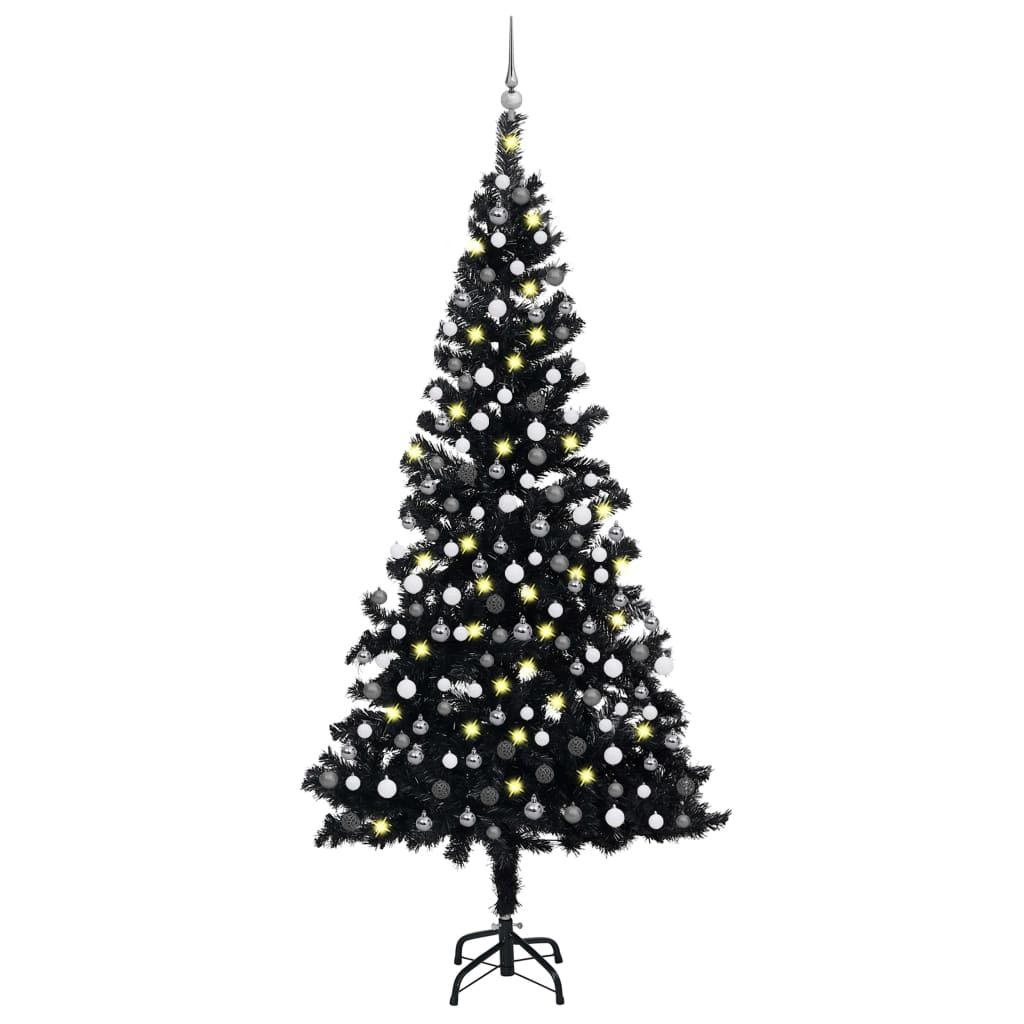  Plastgran med LED och julgranskulor svart 210 cm PVC