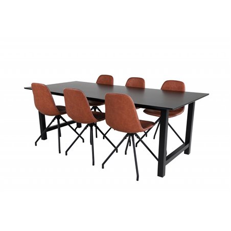 Count Dining Table - 220*100*H75 - Black / Black, Polar Dining Chair with Spin function - black Legs - Brown PU - White Stitches