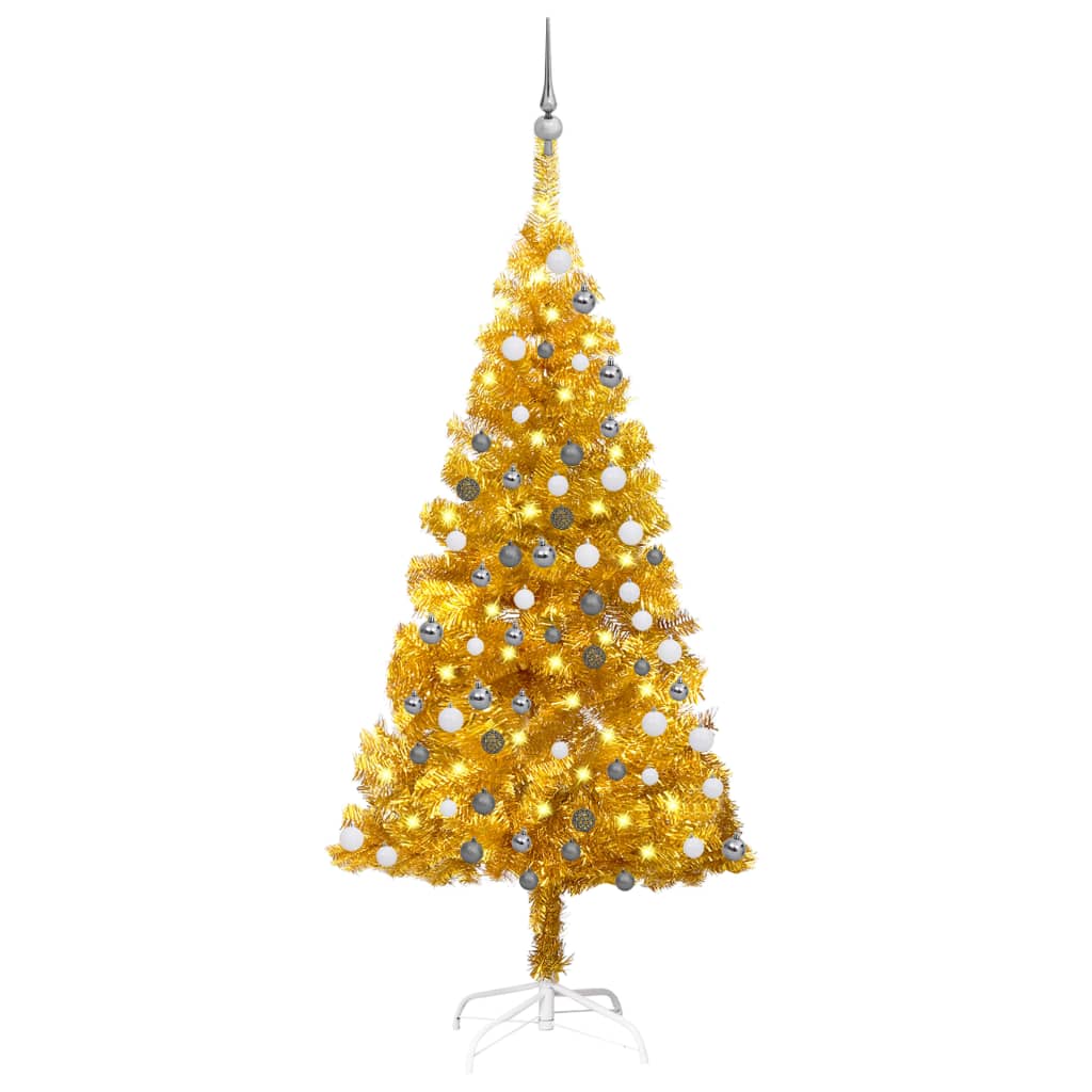  Plastgran med LED och julgranskulor guld 120 cm PET