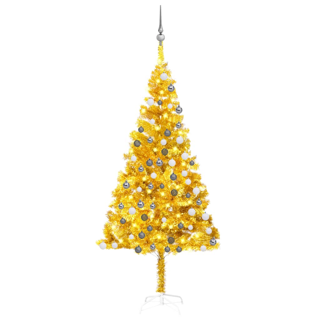  Plastgran med LED och julgranskulor guld 180 cm PET