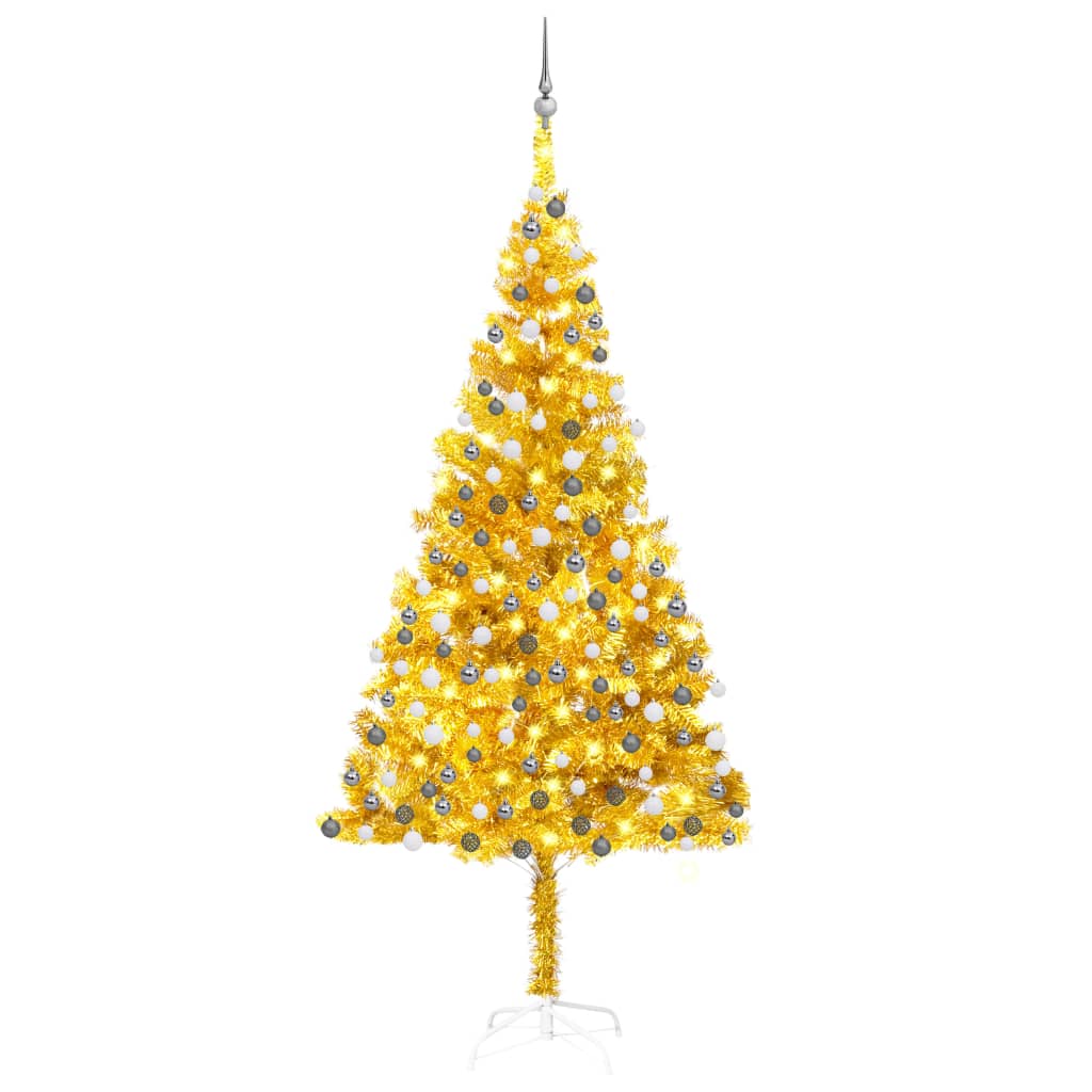  Plastgran med LED och julgranskulor guld 210 cm PET