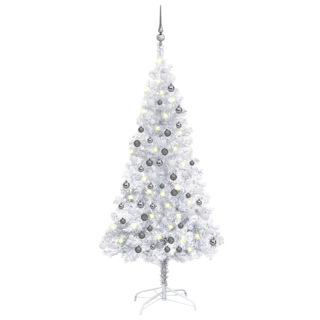  Plastgran med LED och julgranskulor silver 150 cm PET