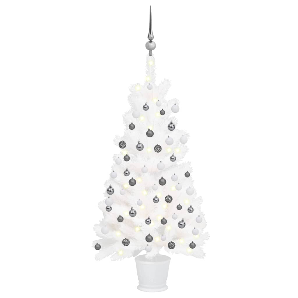  Plastgran med LED och julgranskulor vit 90 cm