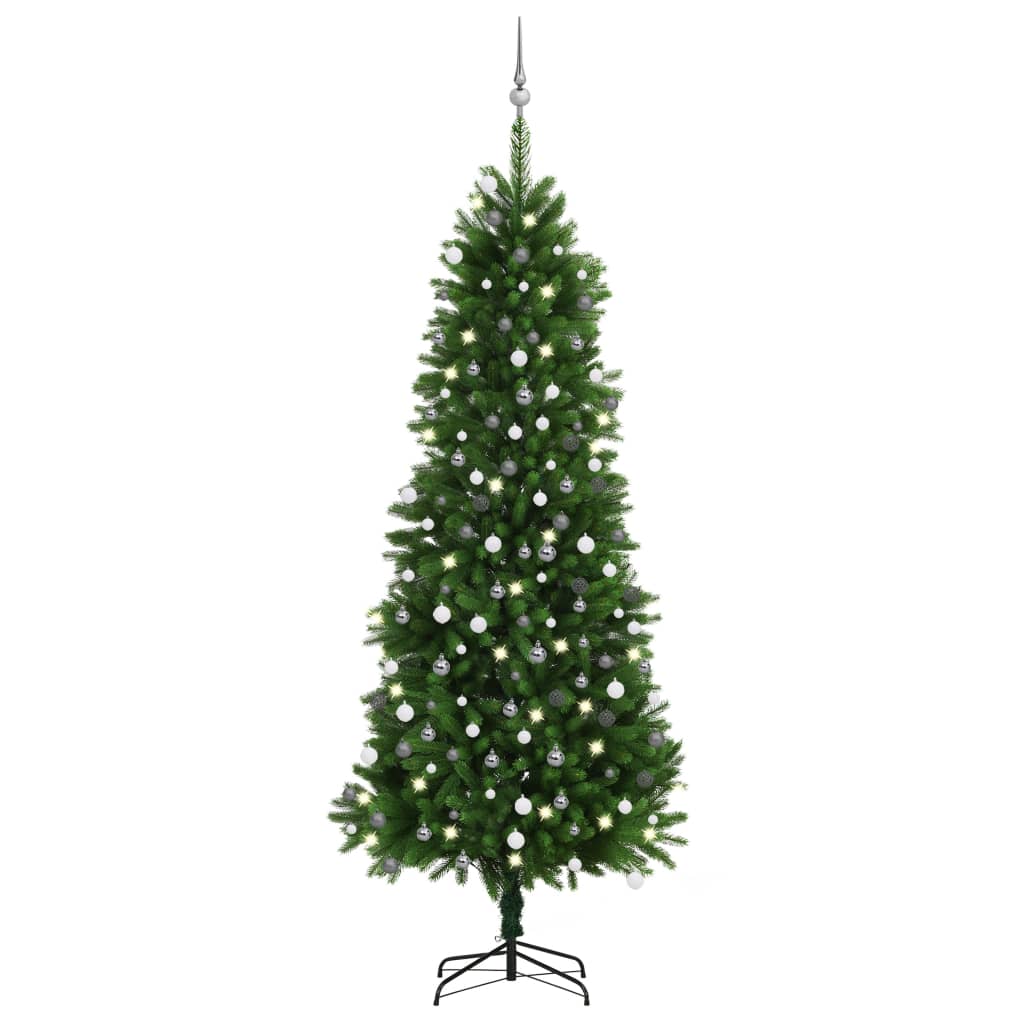  Plastgran med LED och julgranskulor 240 cm grön