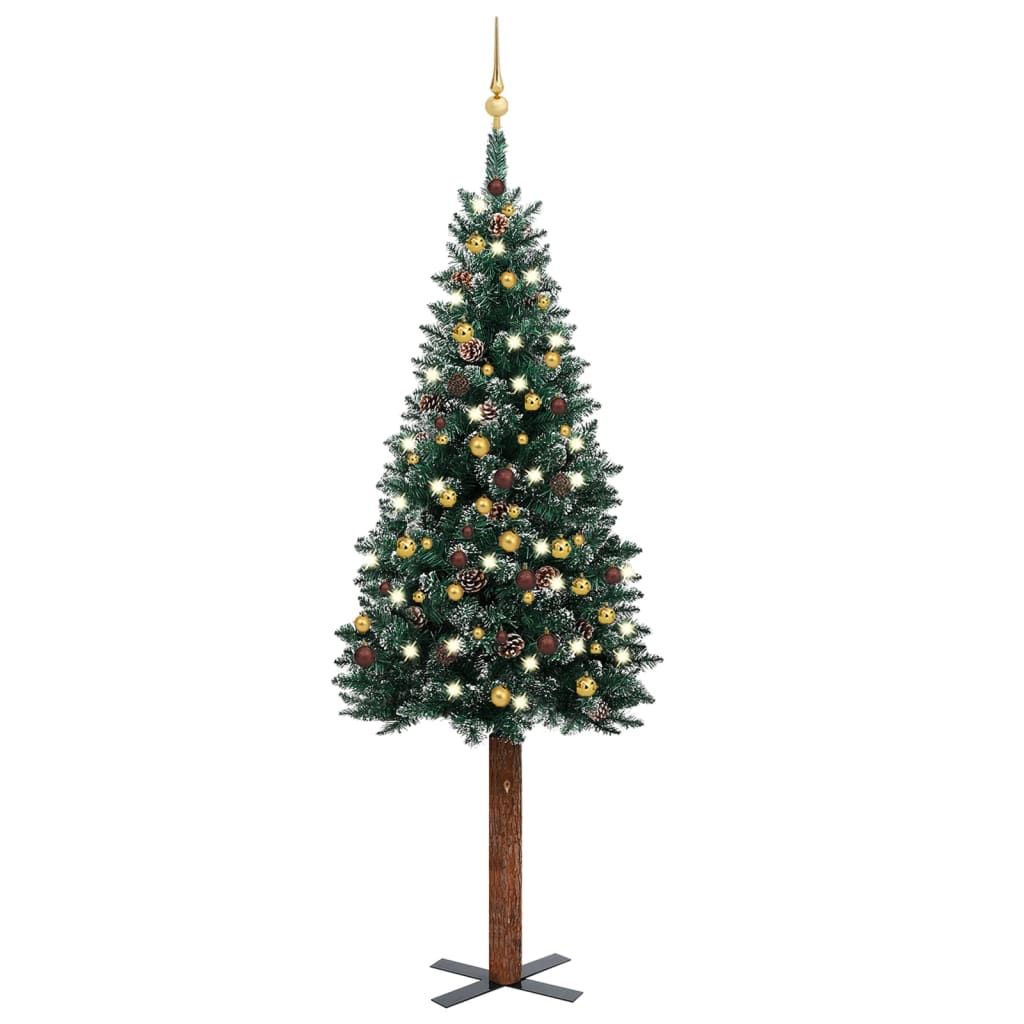  Smal plastgran med LED och julgranskulor grön 210 cm