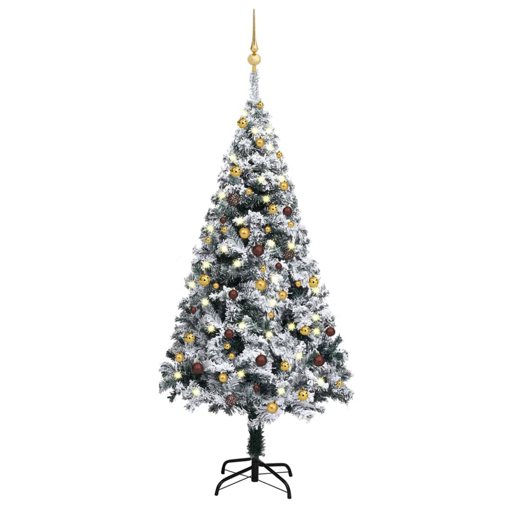  Plastgran med LED och julgranskulor grön 150 cm PVC