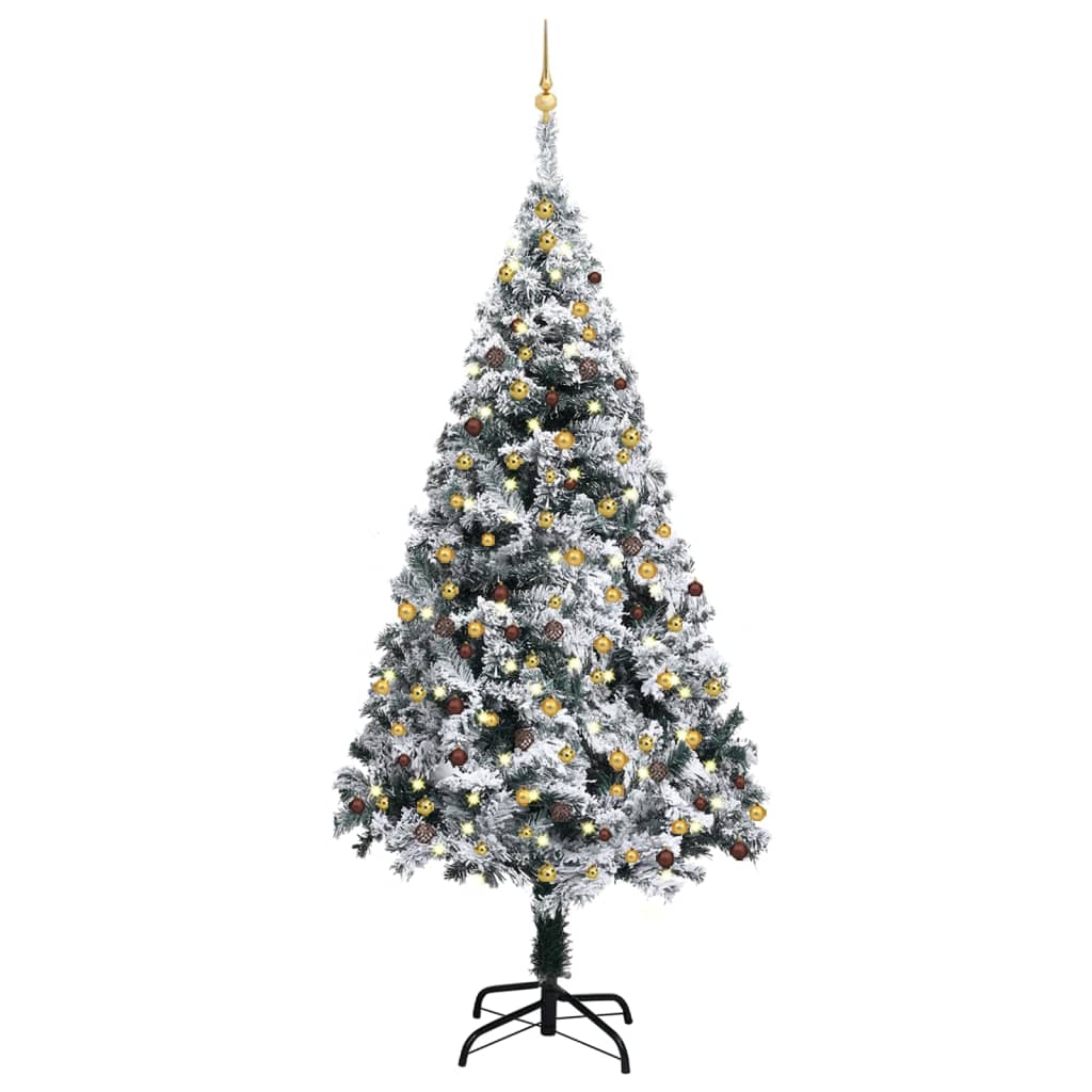  Plastgran med LED och julgranskulor grön 210 cm PVC