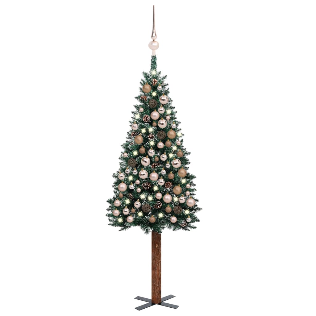  Smal plastgran med LED och julgranskulor grön 180 cm