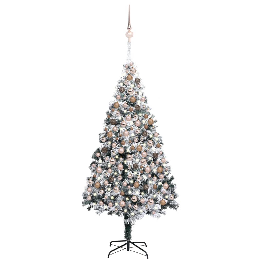  Plastgran med LED och julgranskulor grön 210 cm PVC