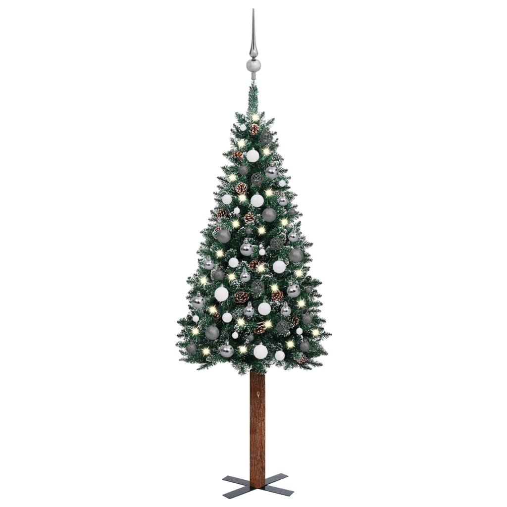  Smal plastgran med LED och julgranskulor grön 150 cm