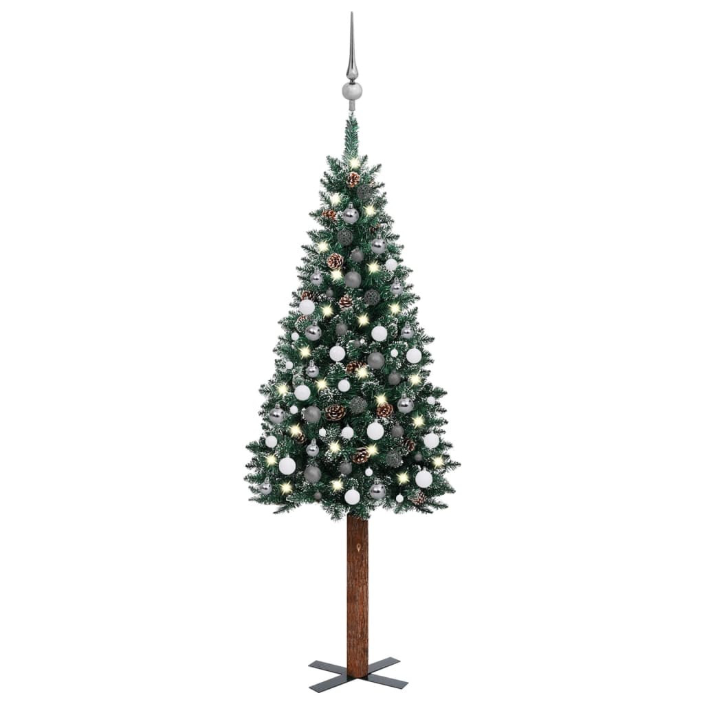  Smal plastgran med LED och julgranskulor grön 180 cm