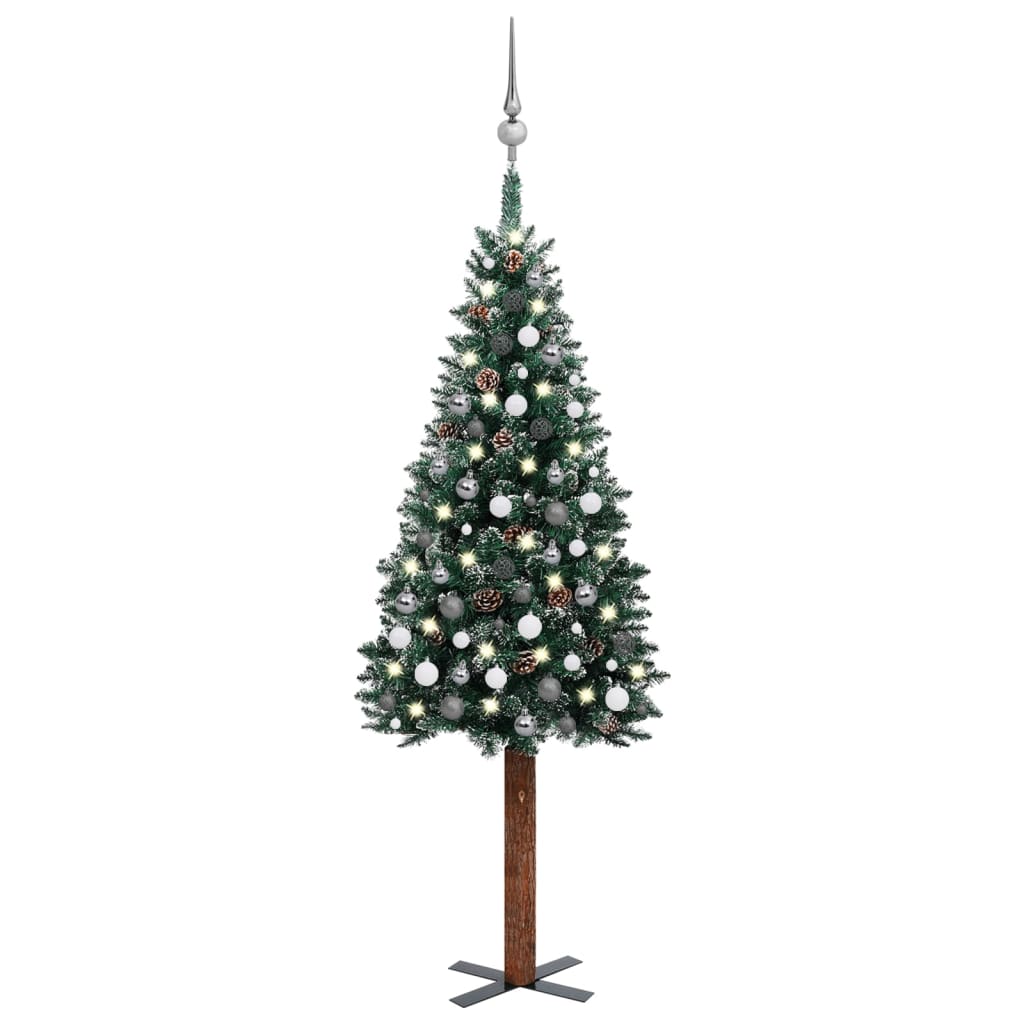  Smal plastgran med LED och julgranskulor grön 210 cm